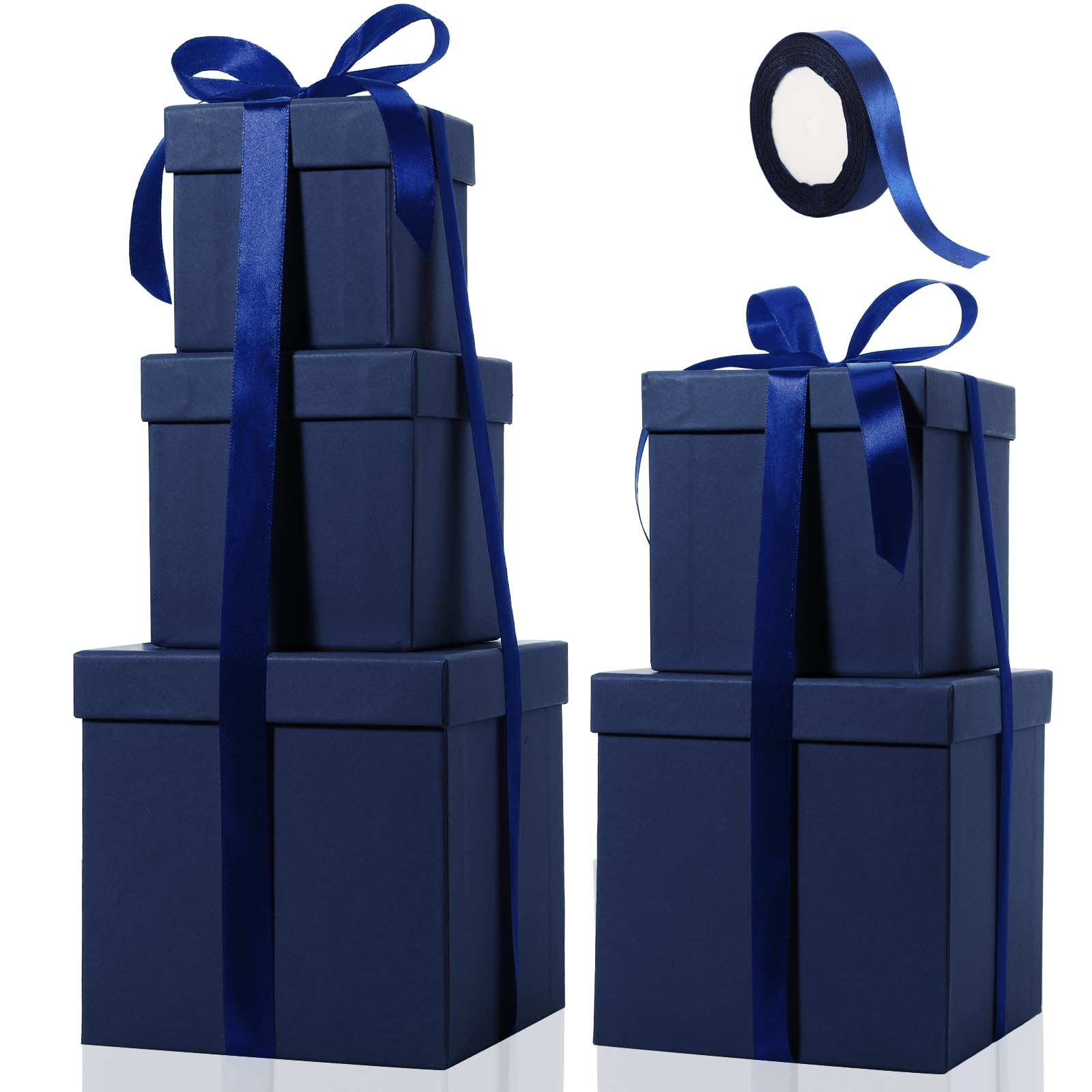 Square Nesting Boxes Decorative Gift Boxes Lid Ribbon Navy Blue 5